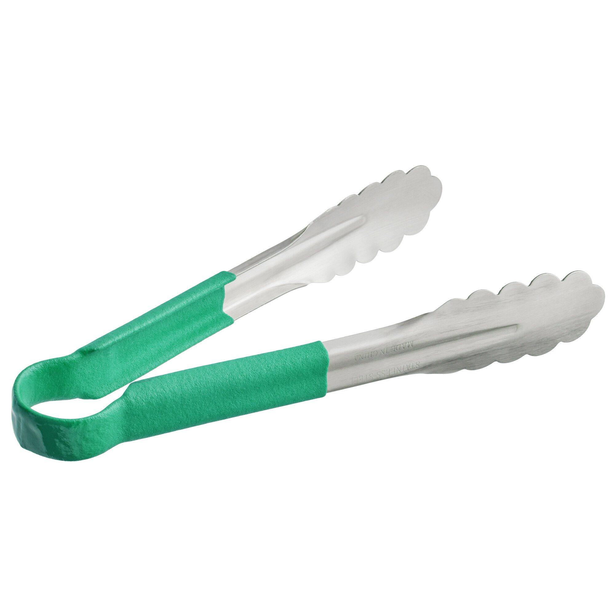 10" Stainless Steel Green Scalloped Coated Handle Tongs