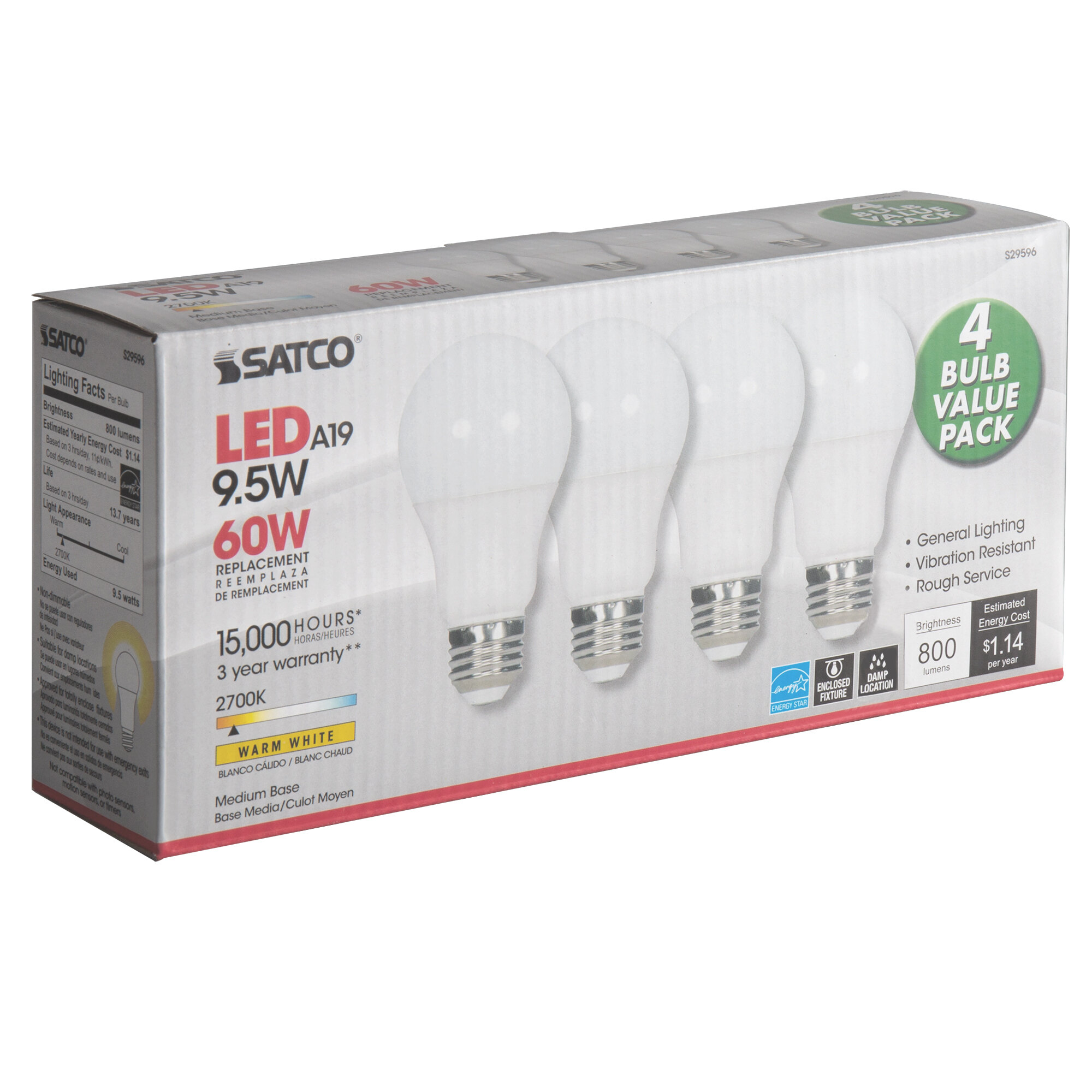 Satco S29596 9.5 Watt (60 Watt Equivalent) Frosted Warm White Multi ...