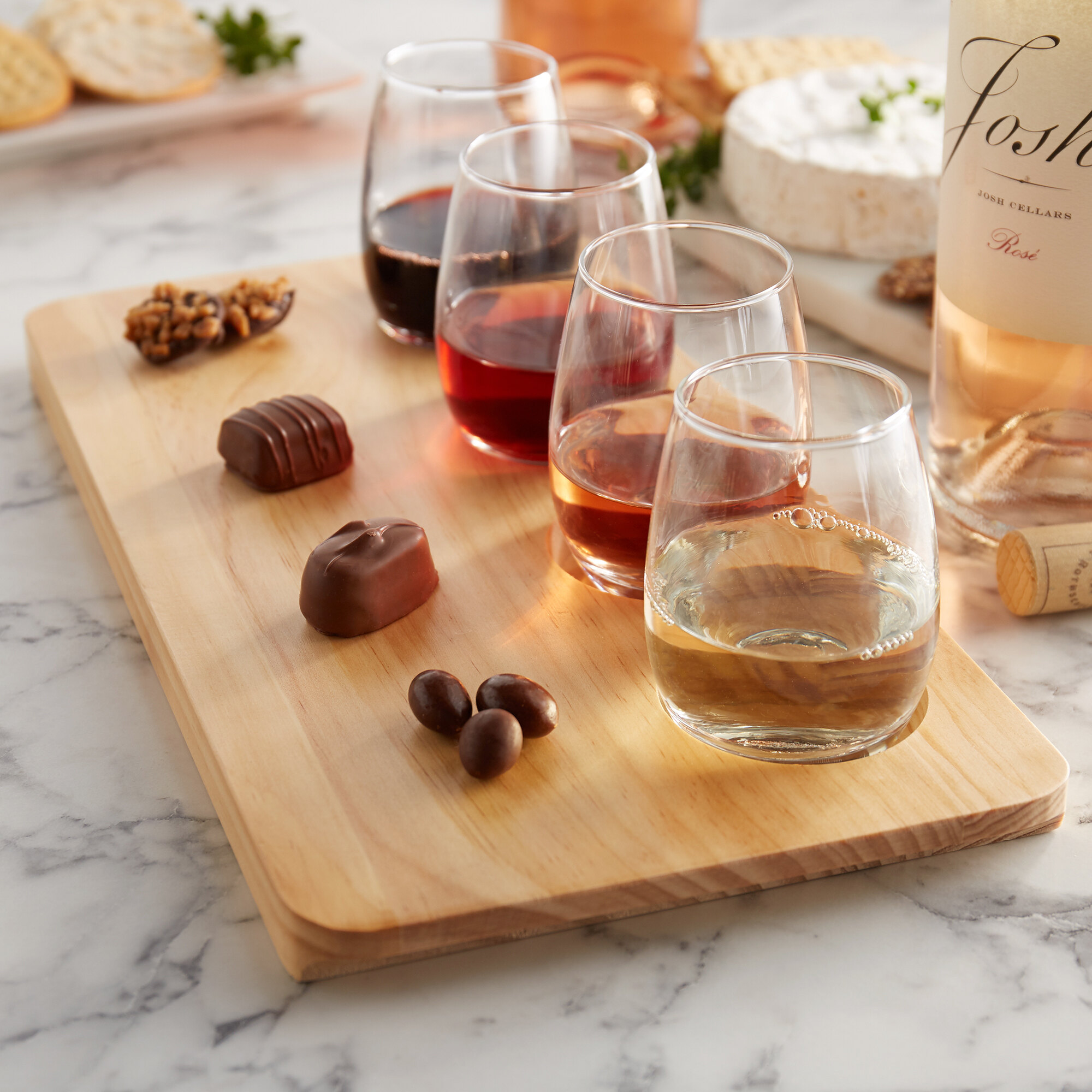 Acopa Natural Flight Tray with 6 oz. Stemless Wine Tasting Glasses