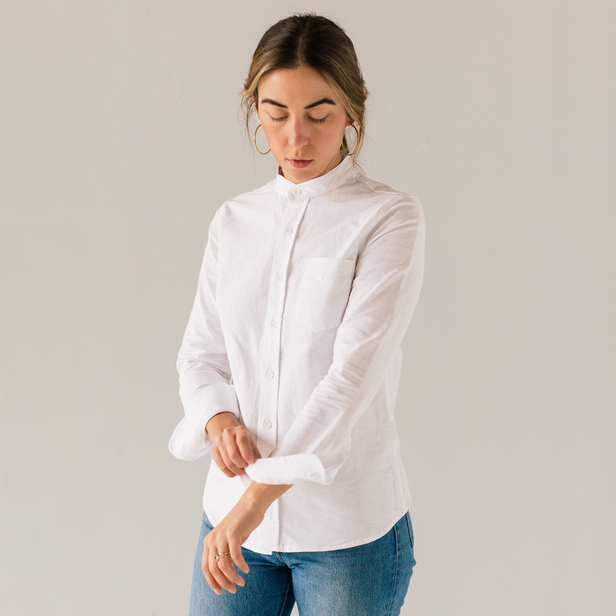 Stock Mfg. Co. Women's White Long Sleeve Banded Collar Shirt - L