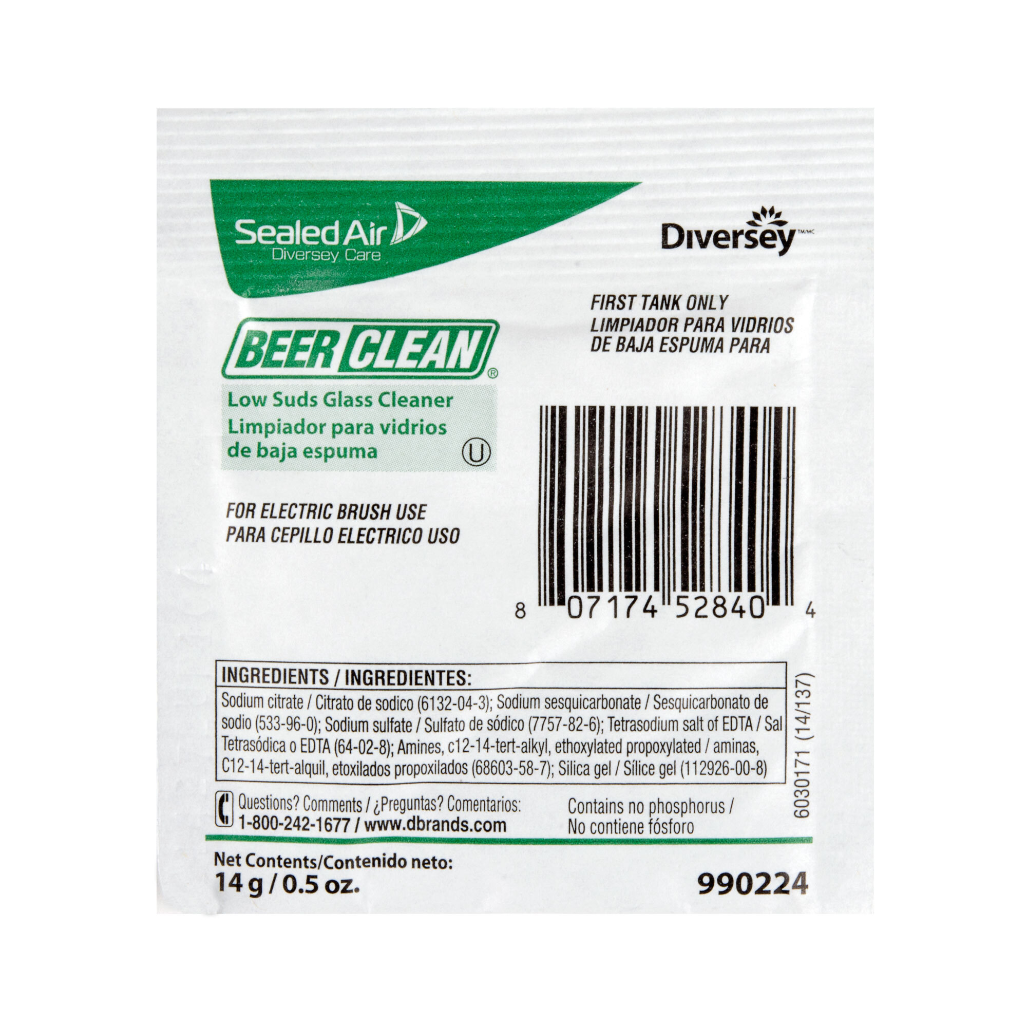 Diversey 990224 Beer Clean Bar Glass Cleaner Low Suds Formula 0.5 oz