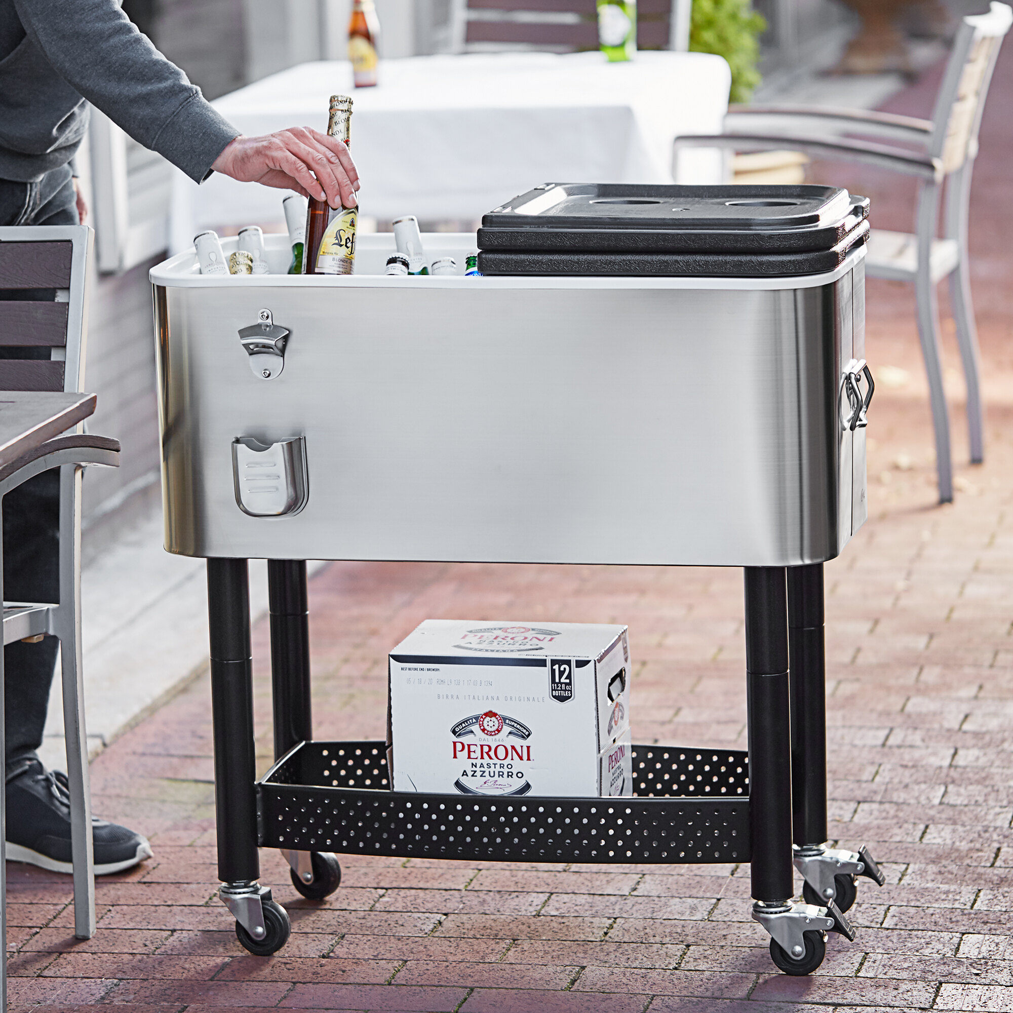 Choice 65 Qt. Stainless Steel Beverage Cooler Cart 31 1/8" x 15 3/8