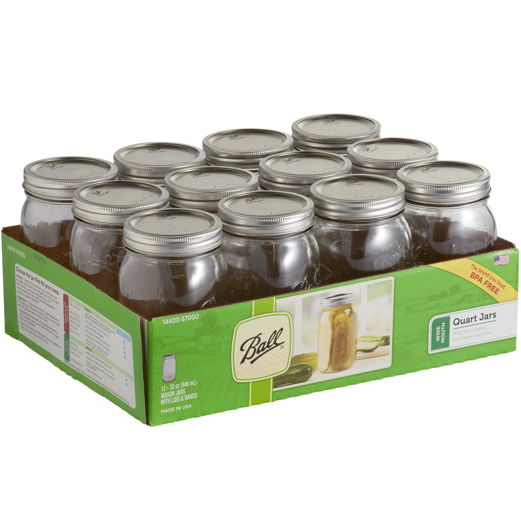 Ball 67000 32 oz. Quart Wide Mouth Glass Canning Jar with Silver Metal Lid and Band 12/Case