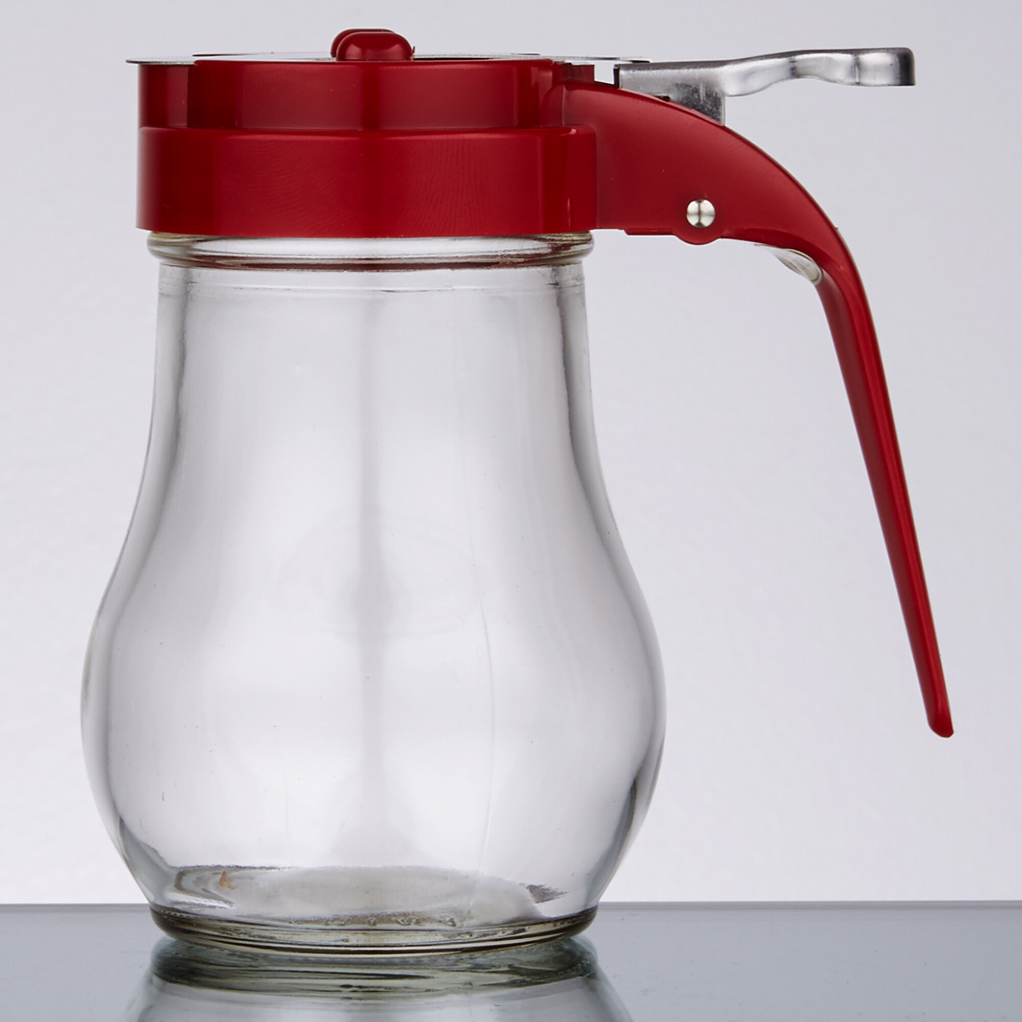 Tablecraft 406RE 6 oz. Glass Teardrop Syrup Dispenser with Red ABS Top