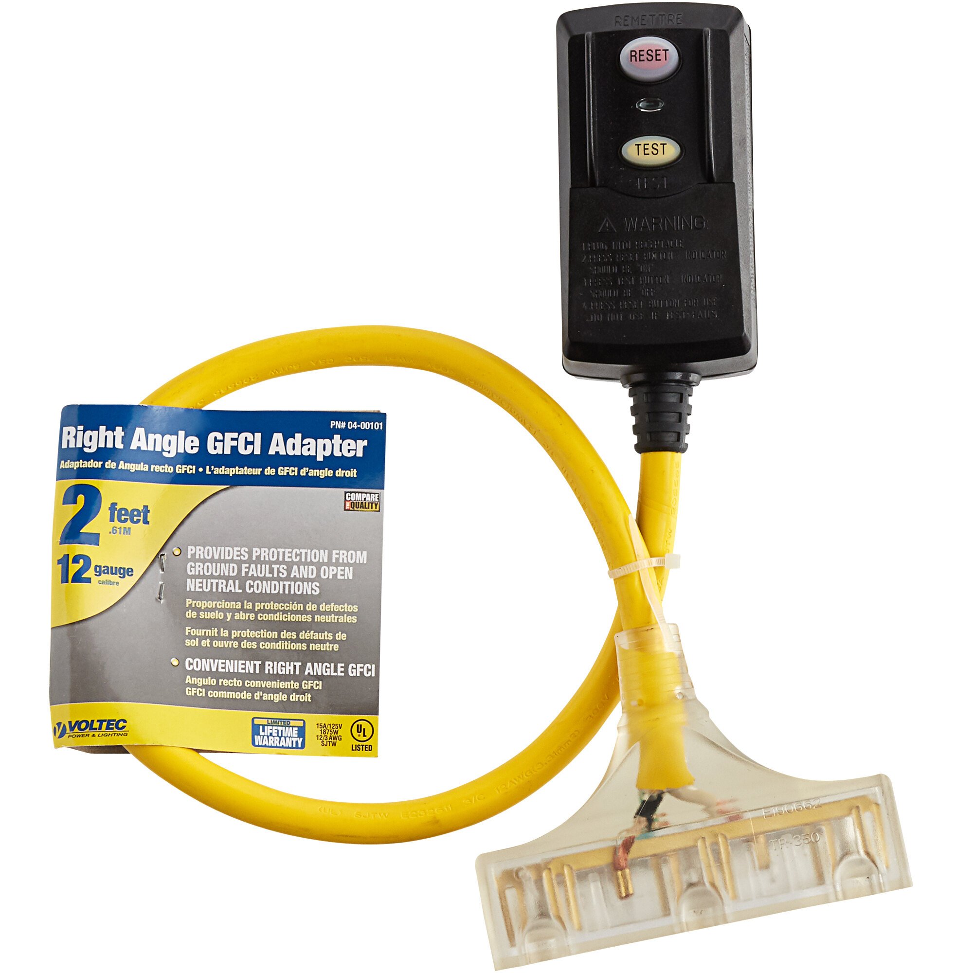 Voltec 0400101 2' Black/Yellow 12/3 Right Angle 20 Amp GFCI Power Cord