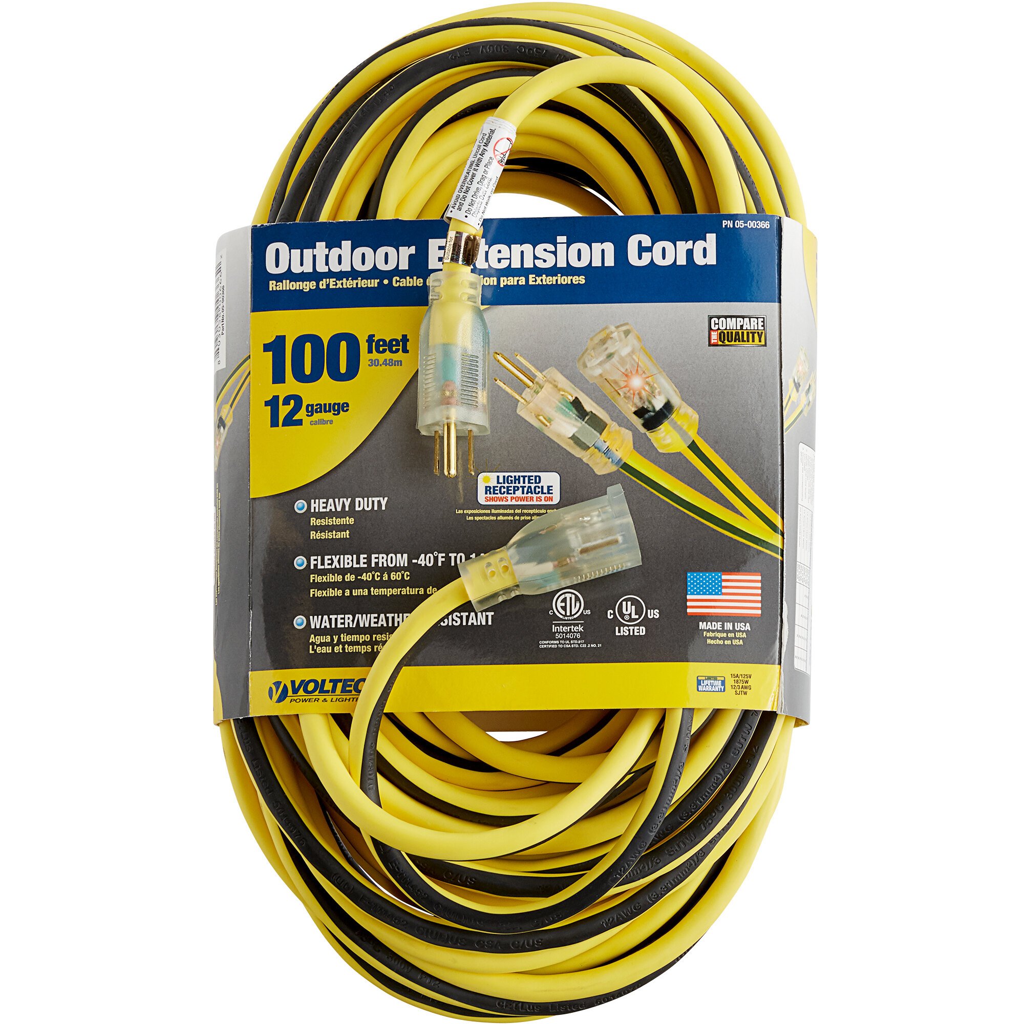 Voltec 0500366 100' Yellow/Black 12/3 3Conductor SJTW Extension Cord