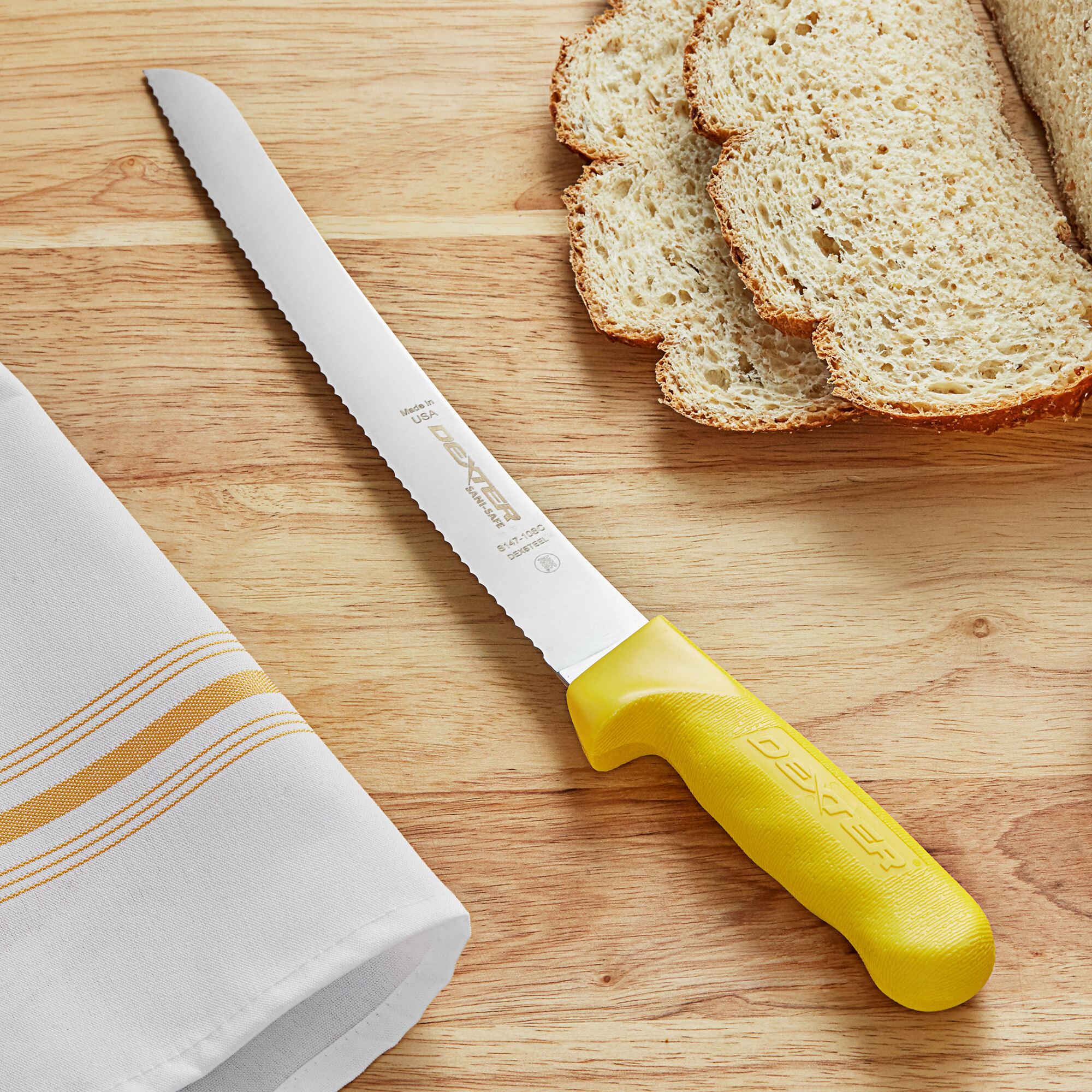 DexterRussell 18173Y SaniSafe 10" Yellow Scalloped Bread Slicing Knife