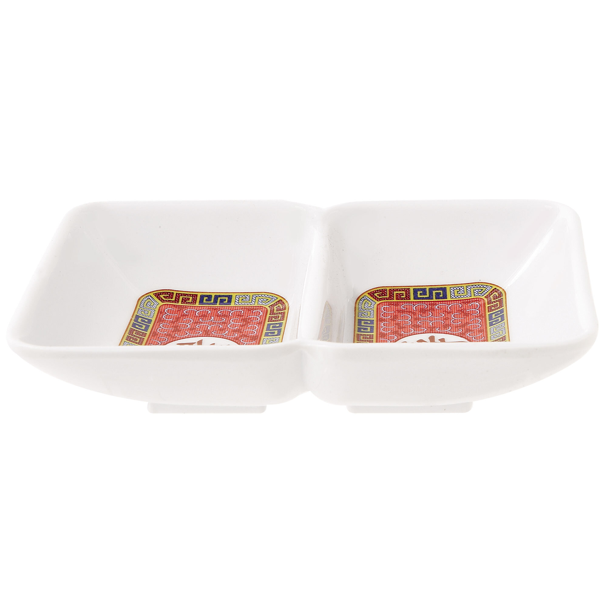 GET 037L Dynasty Longevity 1 oz. Two Compartment Sauce Dish 4" x 3