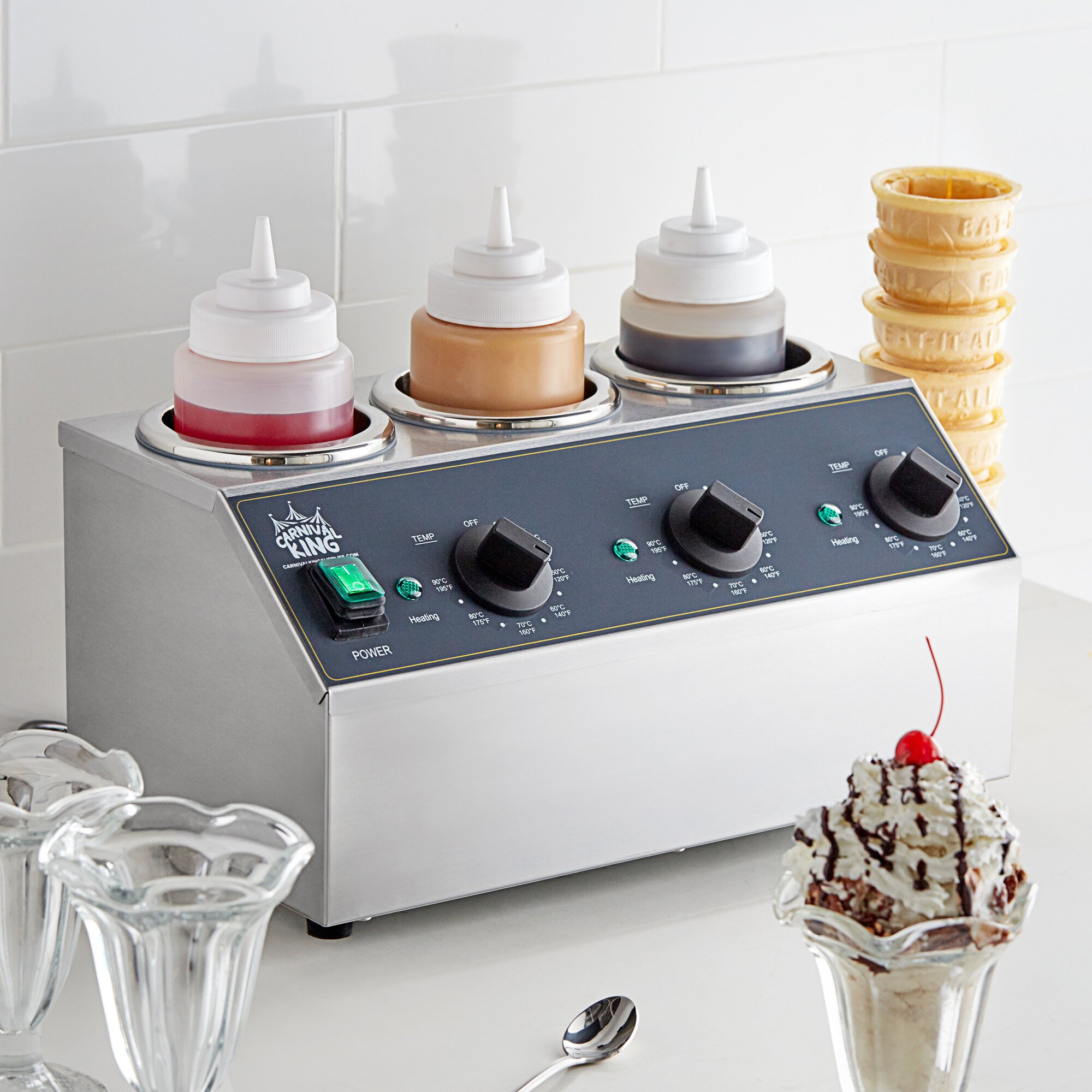 Carnival King Triple 32 oz. Sauce / Topping Bottle Warmer with 3