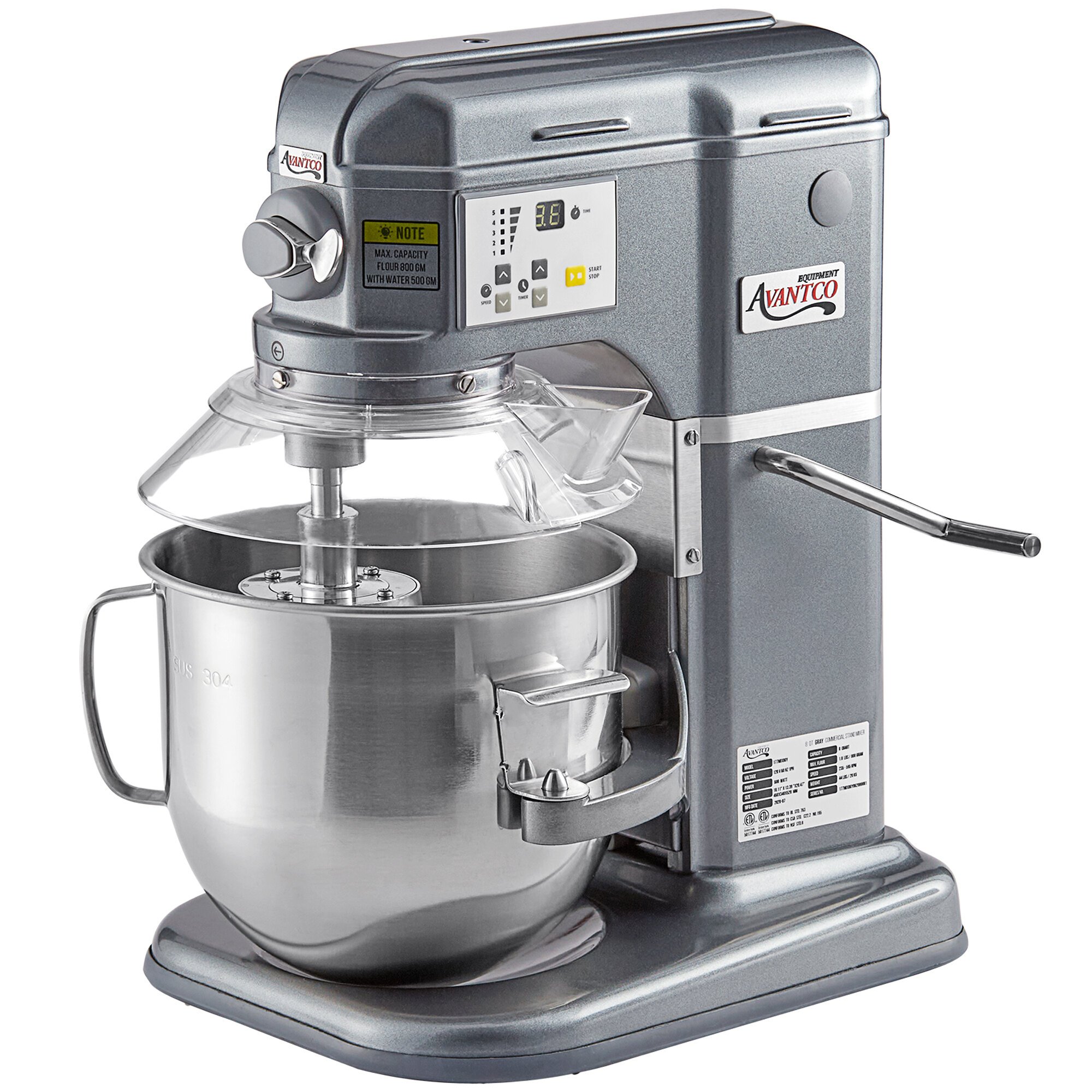 Avantco MIX8GGY Dark Gray 8 Qt. Commercial Countertop Mixer with Guard