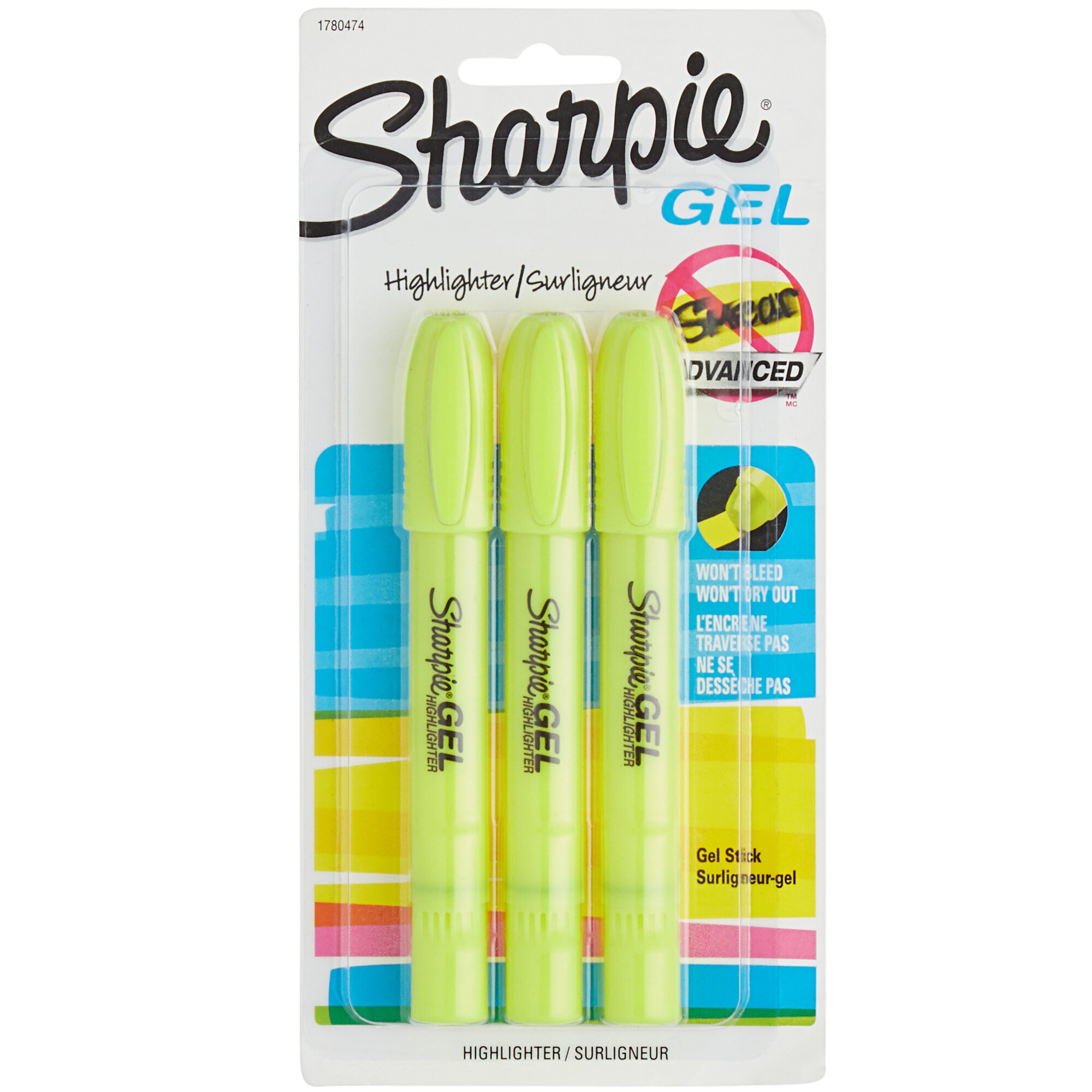 Sharpie 1780474 Fluorescent Yellow Bullet Tip Style Gel Highlighter 3/Pack