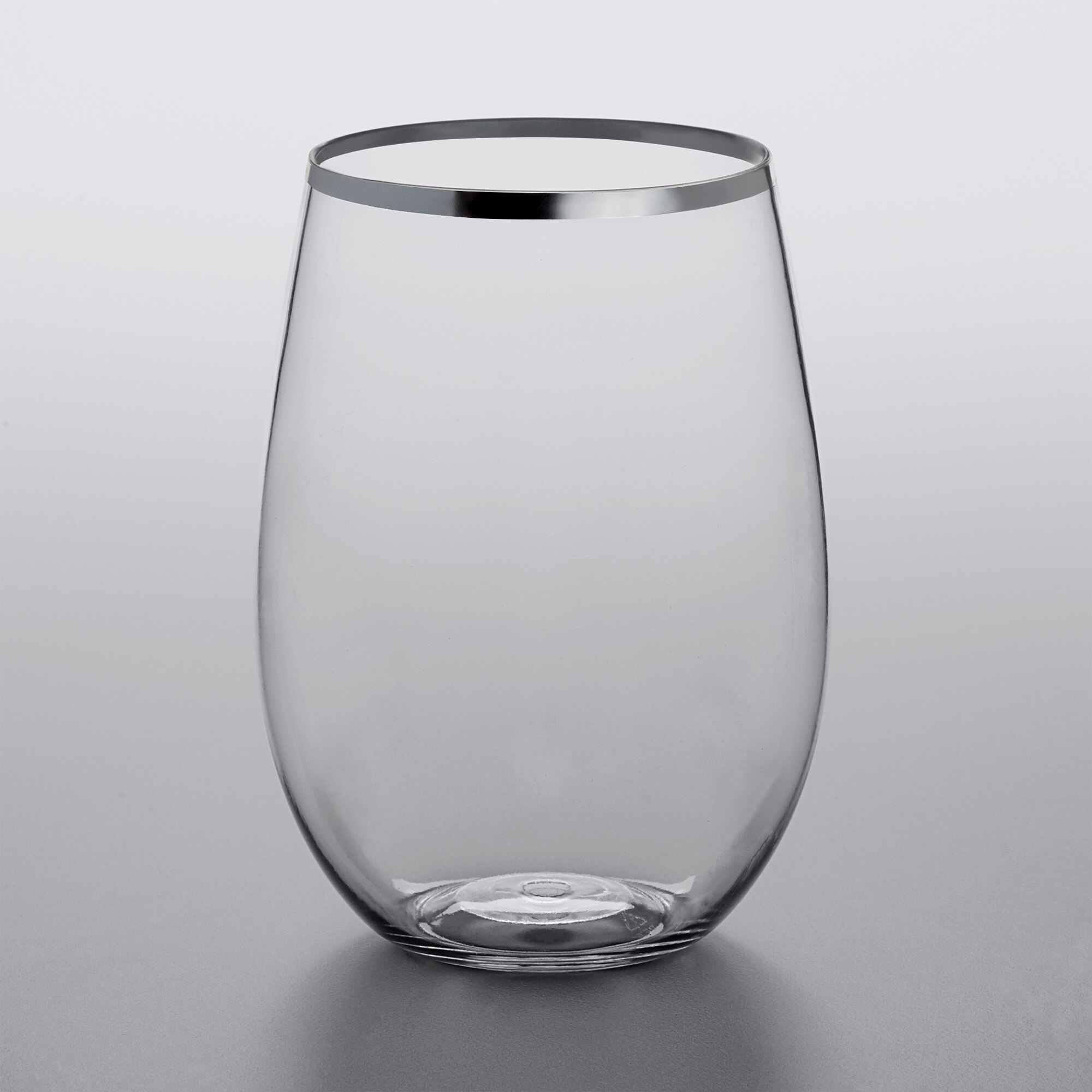 Silver Visions 16 oz. Clear Plastic Stemless Wine Glass with Silver Rim