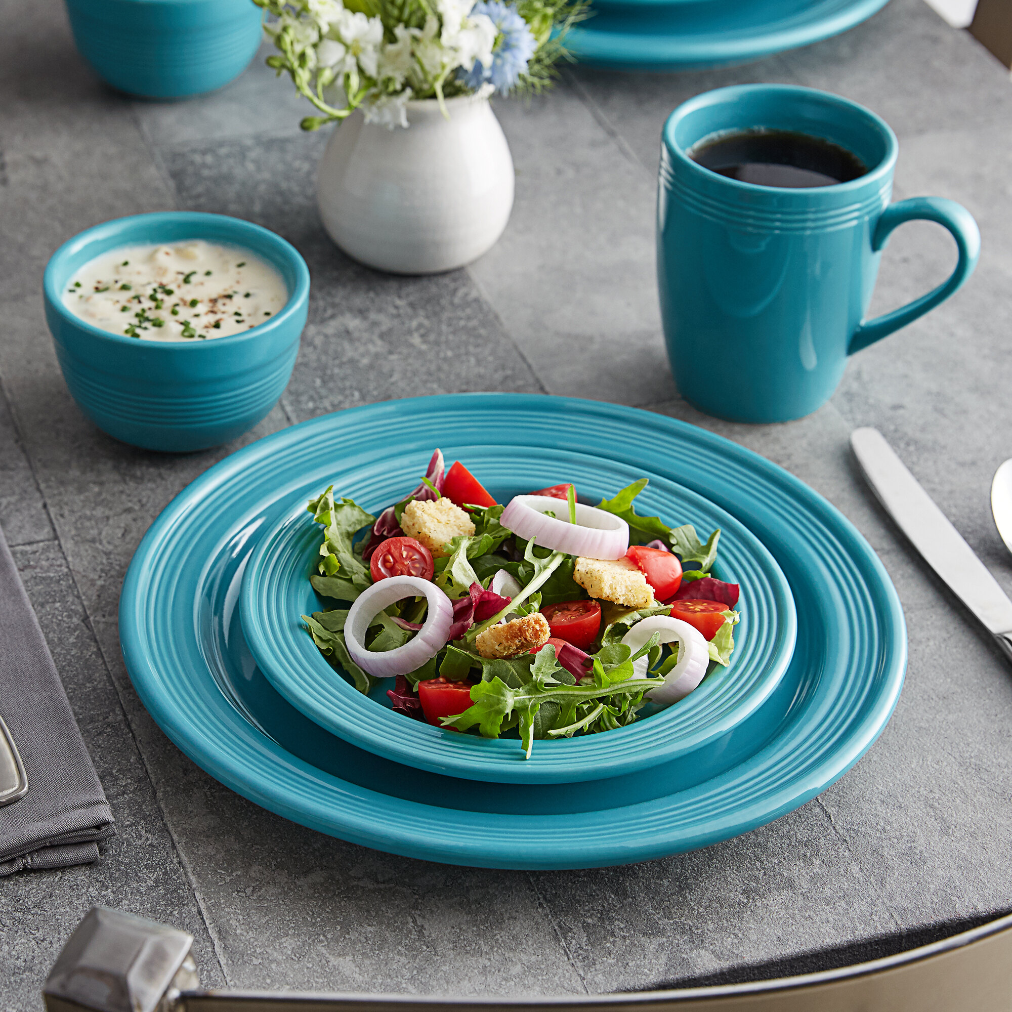 Acopa Capri Caribbean Turquoise Stoneware Dinnerware Set with Service