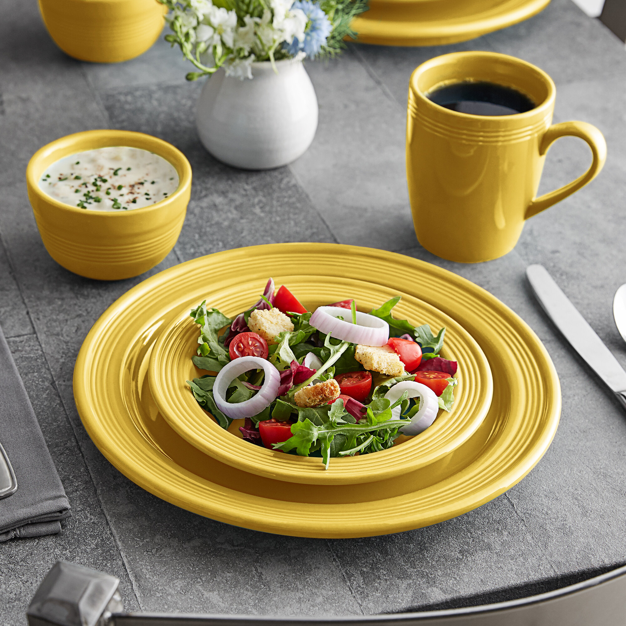 Acopa Capri Citrus Yellow Stoneware Dinnerware Set with Service for 12