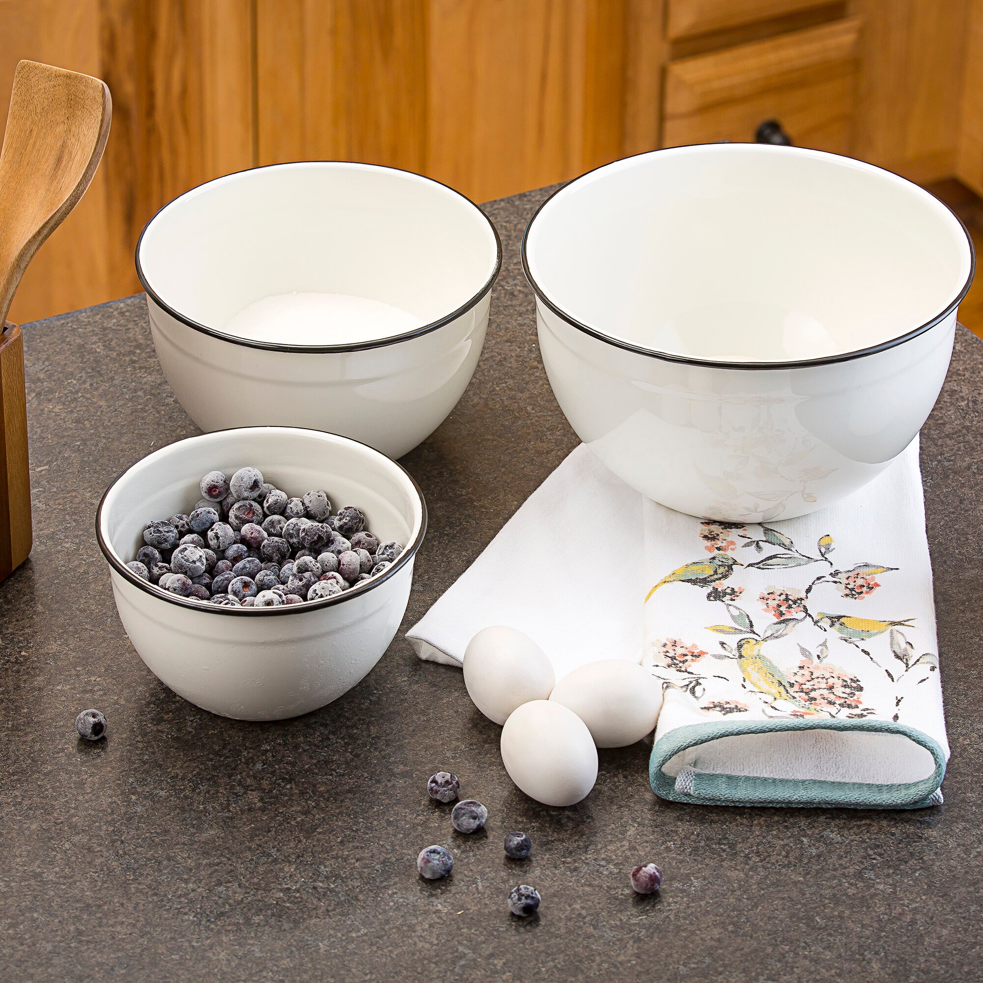 Tablecraft H80002 Enamelware Collection 3Piece Black and White Rolled