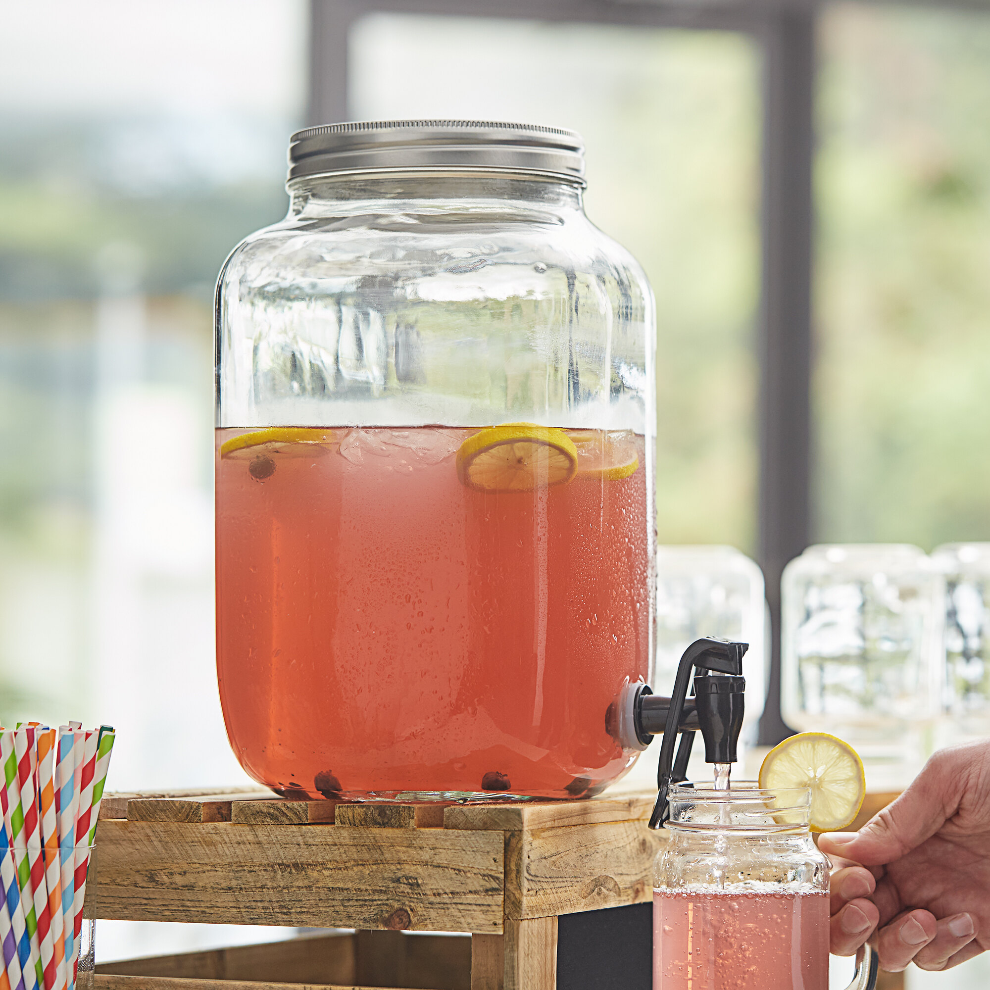 Acopa 2 Gallon Mason Jar Glass HandsFree Beverage Dispenser