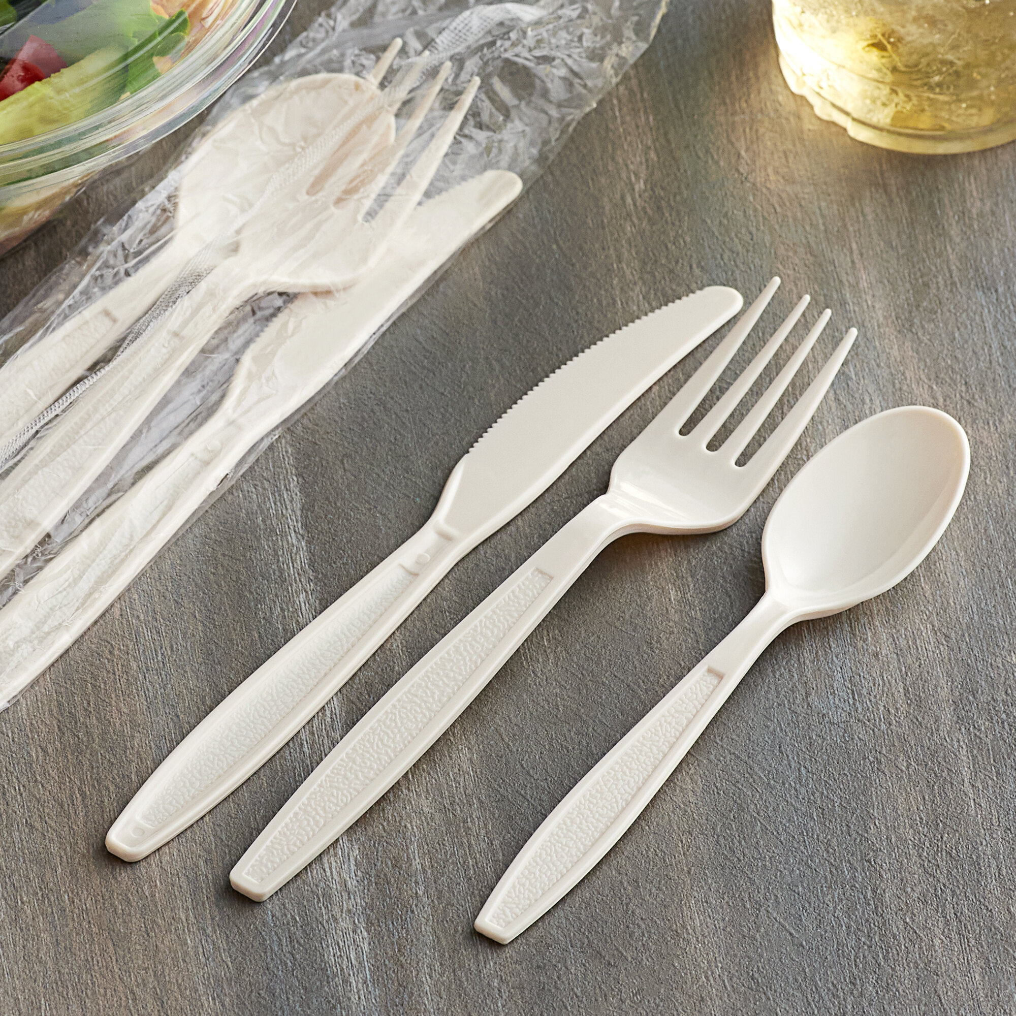 Visions Heavy Weight Beige Wrapped Plastic Cutlery Pack with Knife