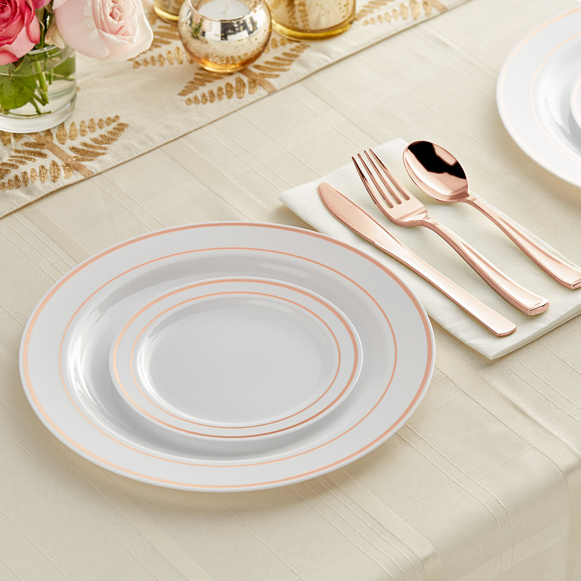 Gold Visions Rose Gold Banded Classic Plastic Dinnerware Set 120/Pack