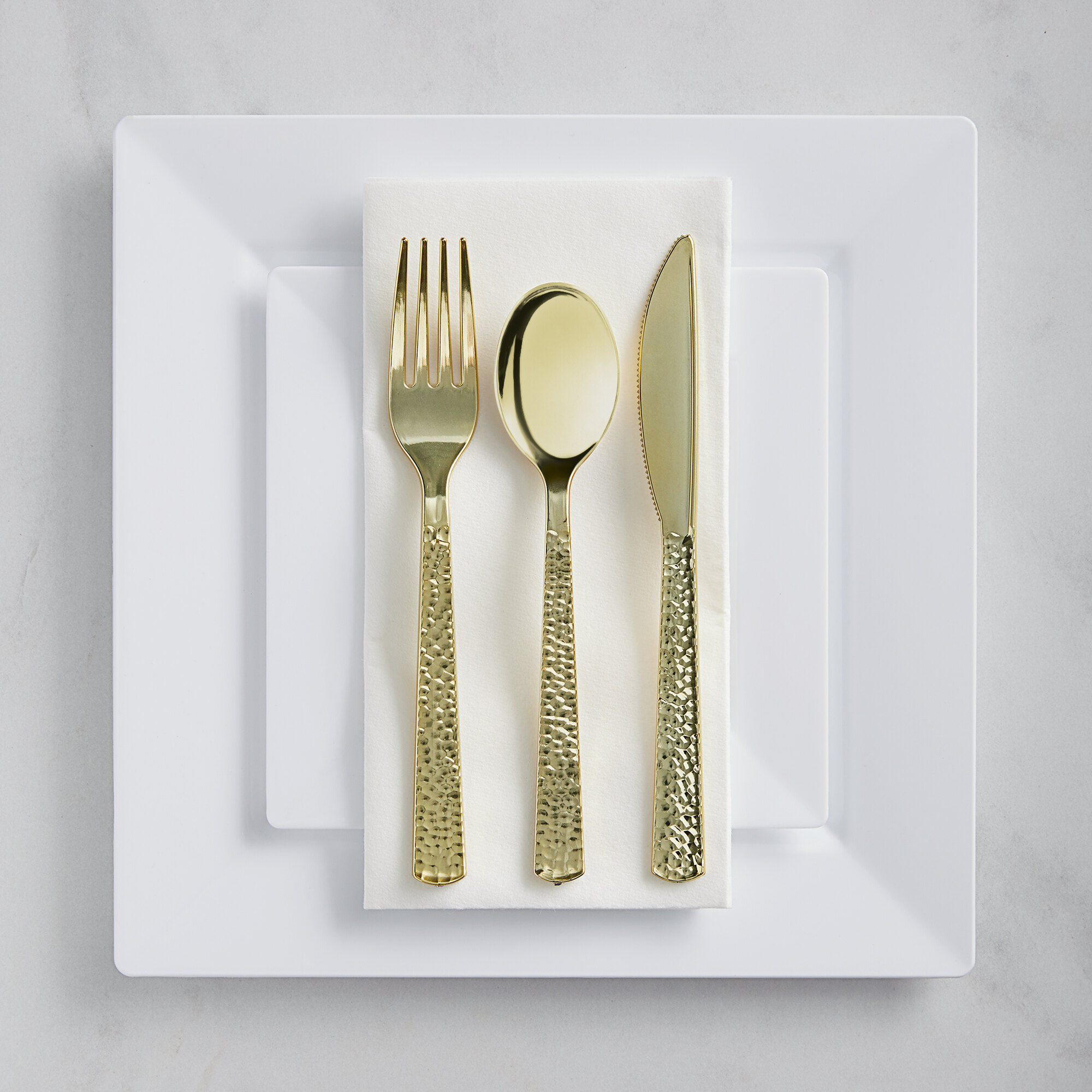 Gold Visions White Florence Hammered Gold Banded Plastic Dinnerware Set