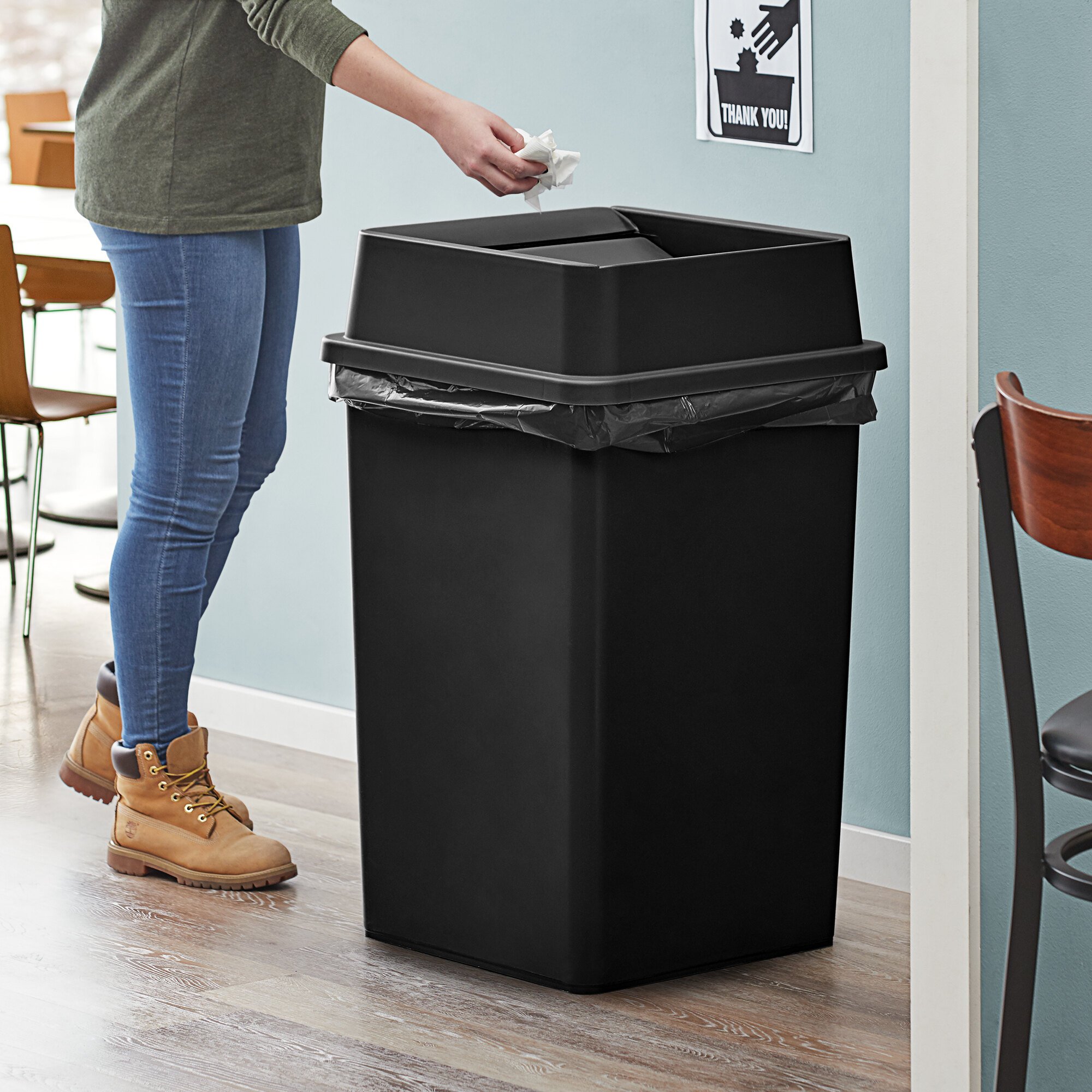 Lavex Janitorial 35 Gallon Black Square Trash Can with Swing Lid