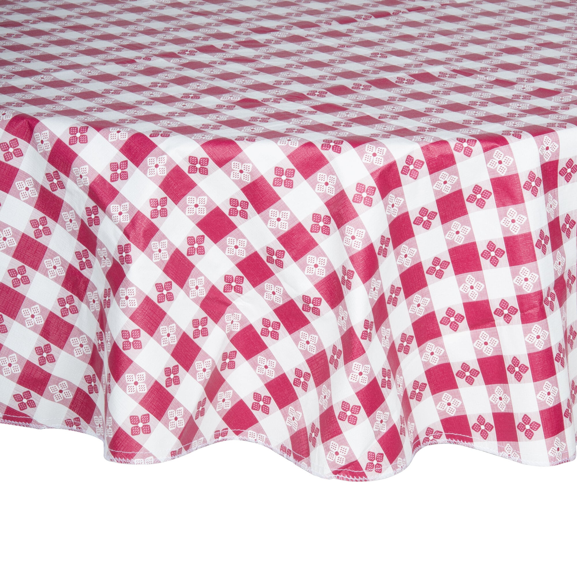 Intedge 90" Round Burgundy Checkered Gingham Vinyl Table Cover with