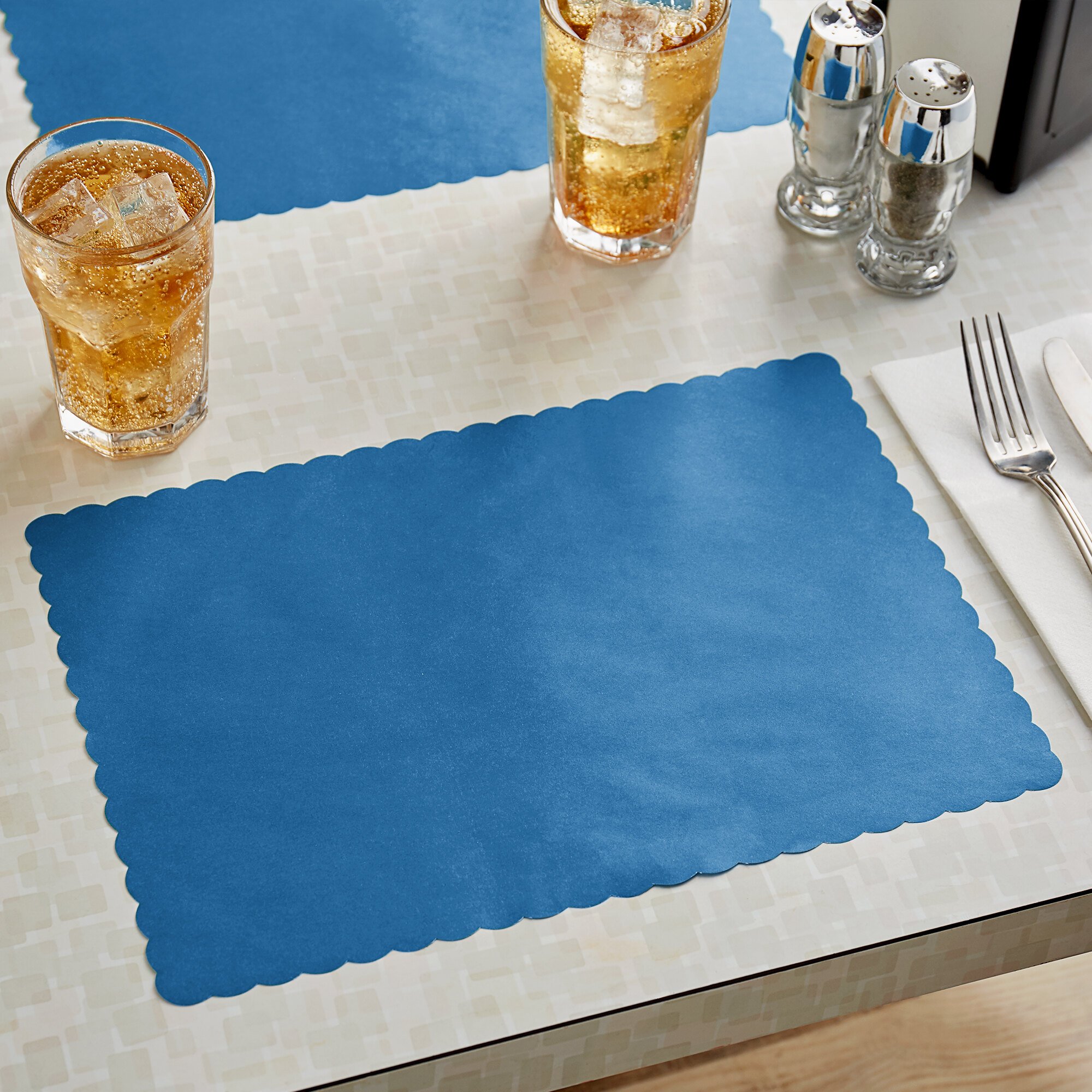 Choice 10" x 14" Navy Blue Colored Paper Placemat with Scalloped Edge