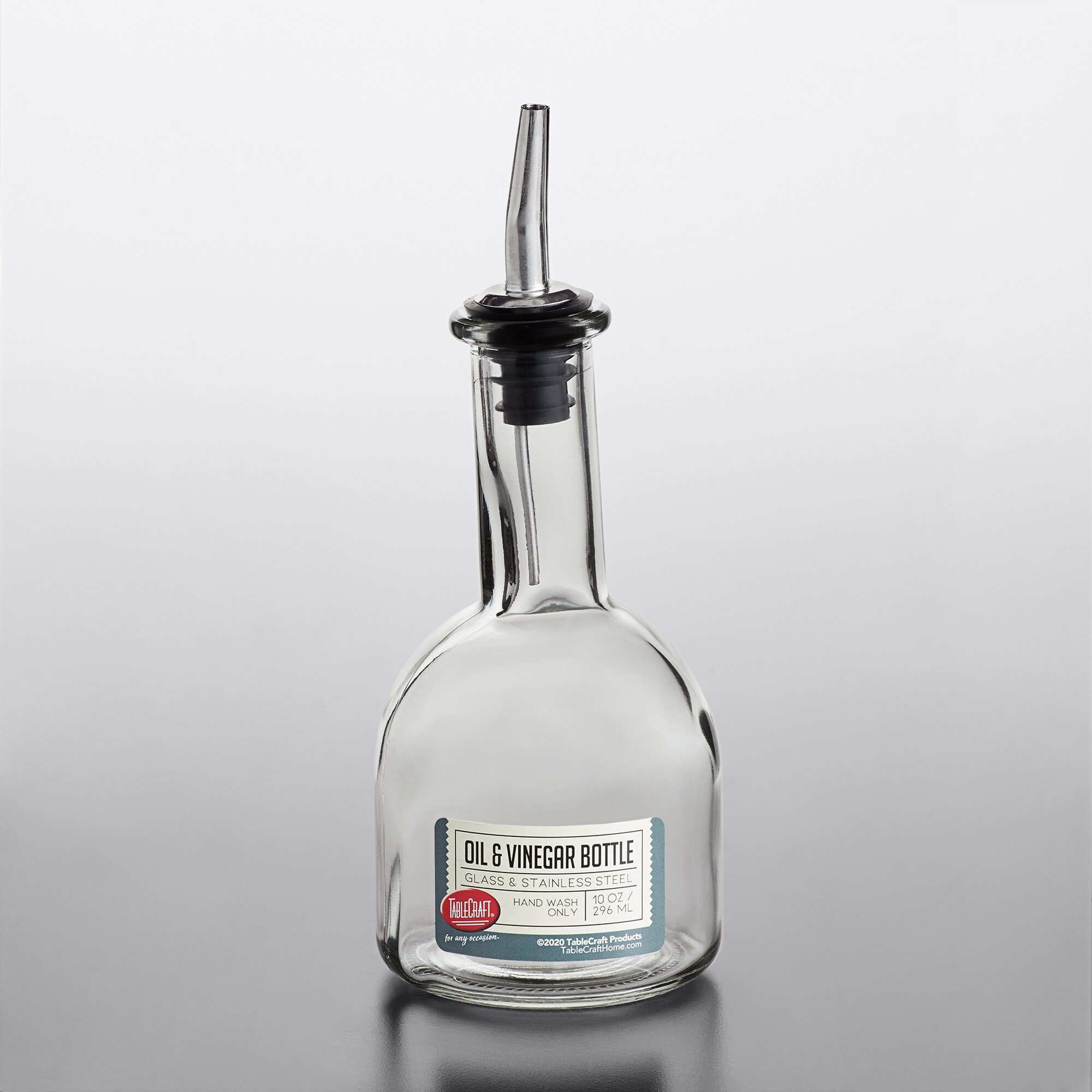 Tablecraft 10404 10 oz. Clear Glass Oil Cruet with Stainless Steel Pourer