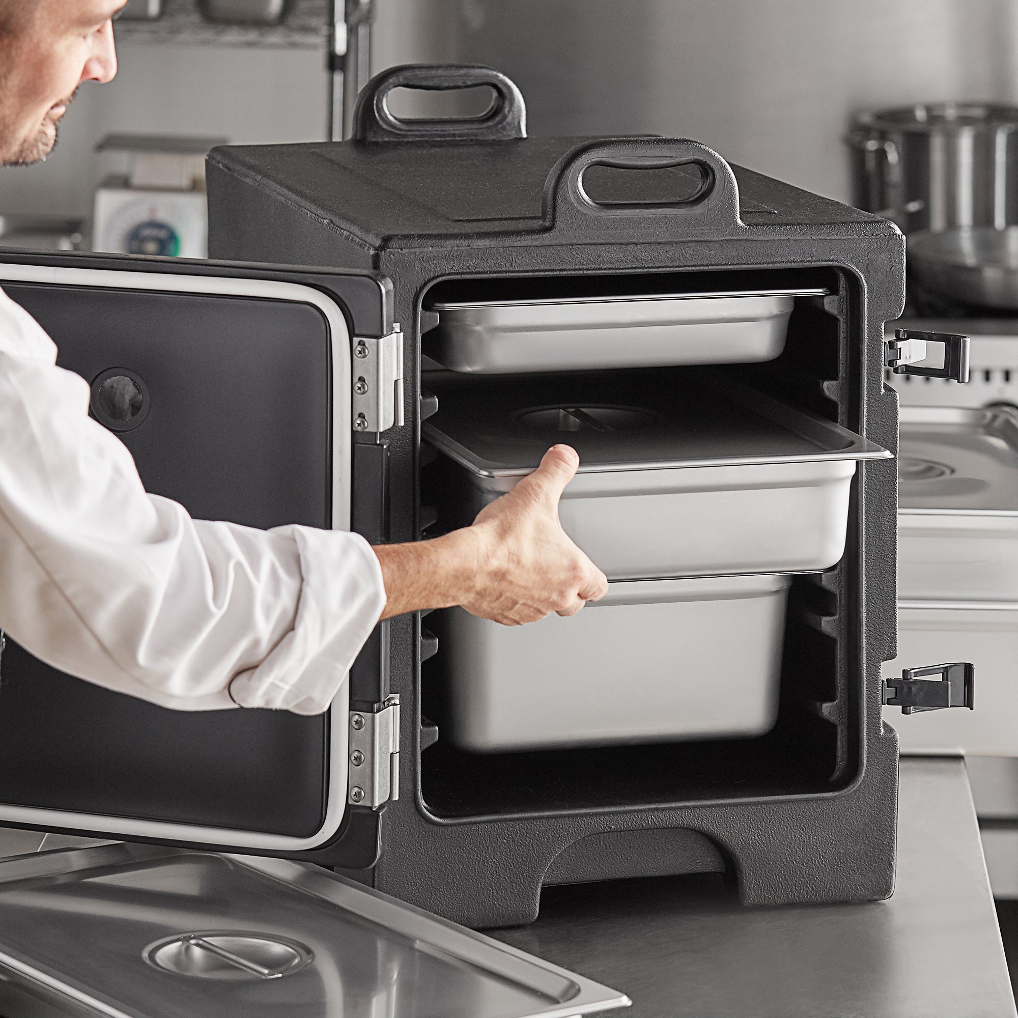 CaterGator Black Front Loading Insulated Food Pan Carrier with Red Hot