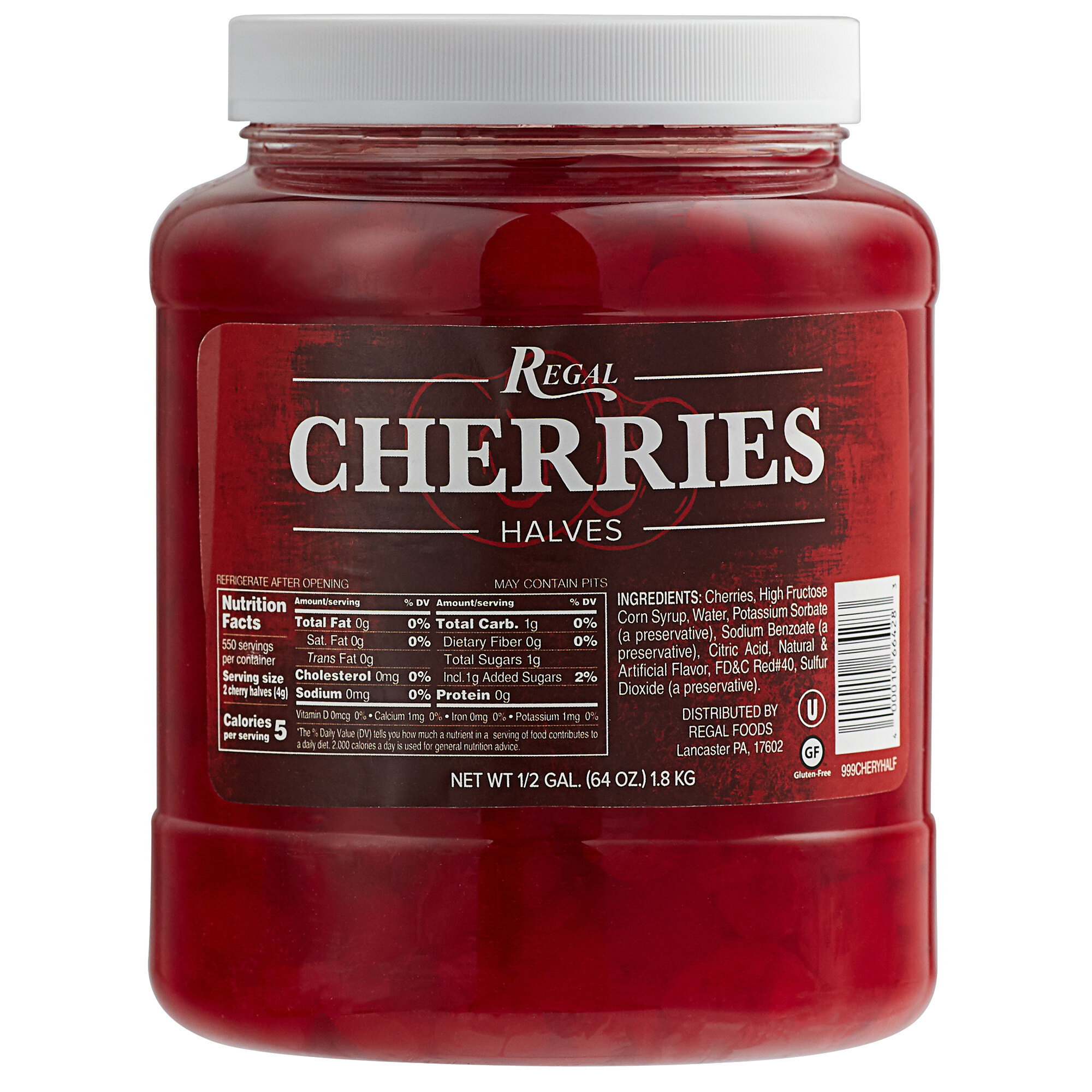 Regal Maraschino Cherry Halves 1/2 Gallon Jar 6/Case
