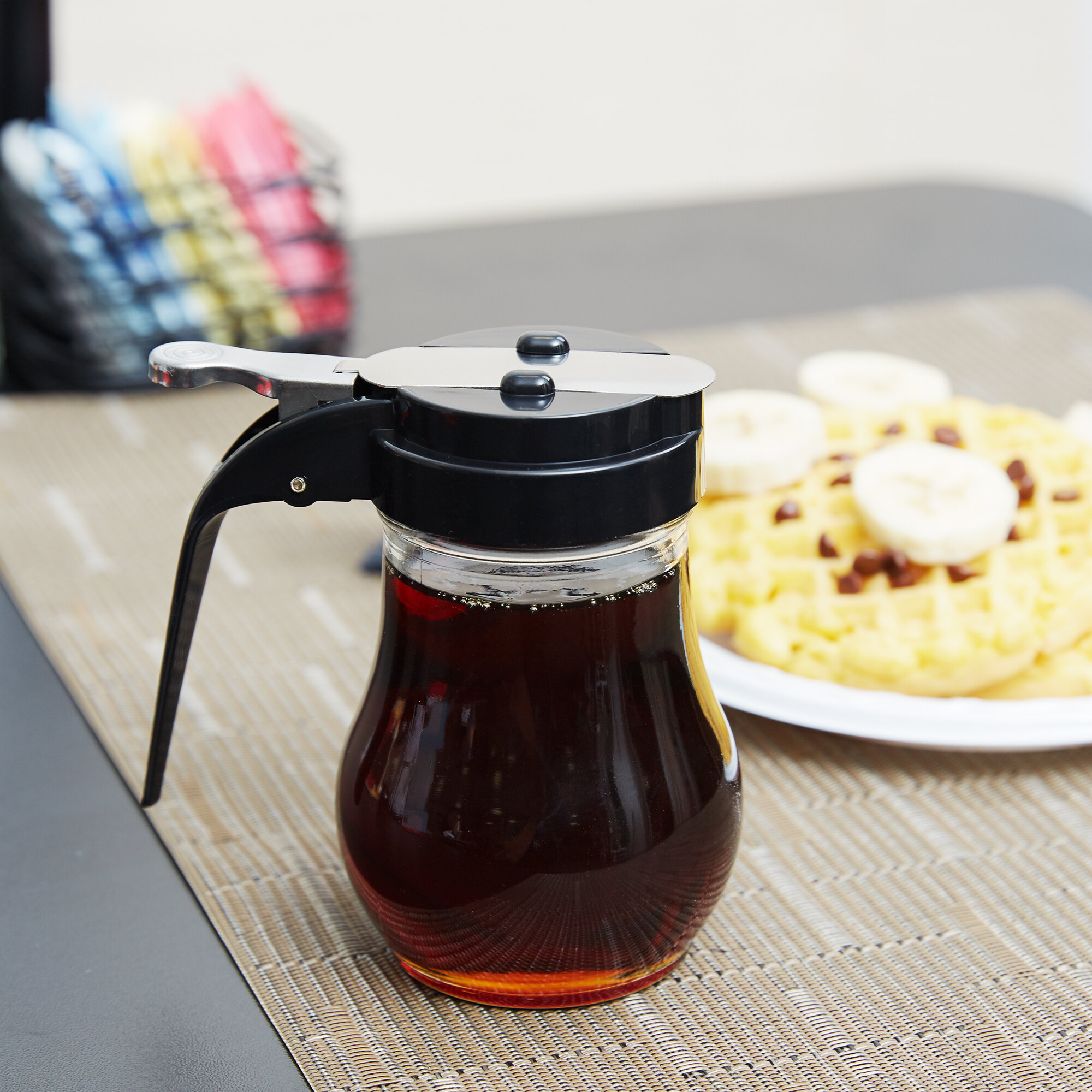 Tablecraft 406BK 6 oz. Glass Teardrop Syrup Dispenser with Black ABS