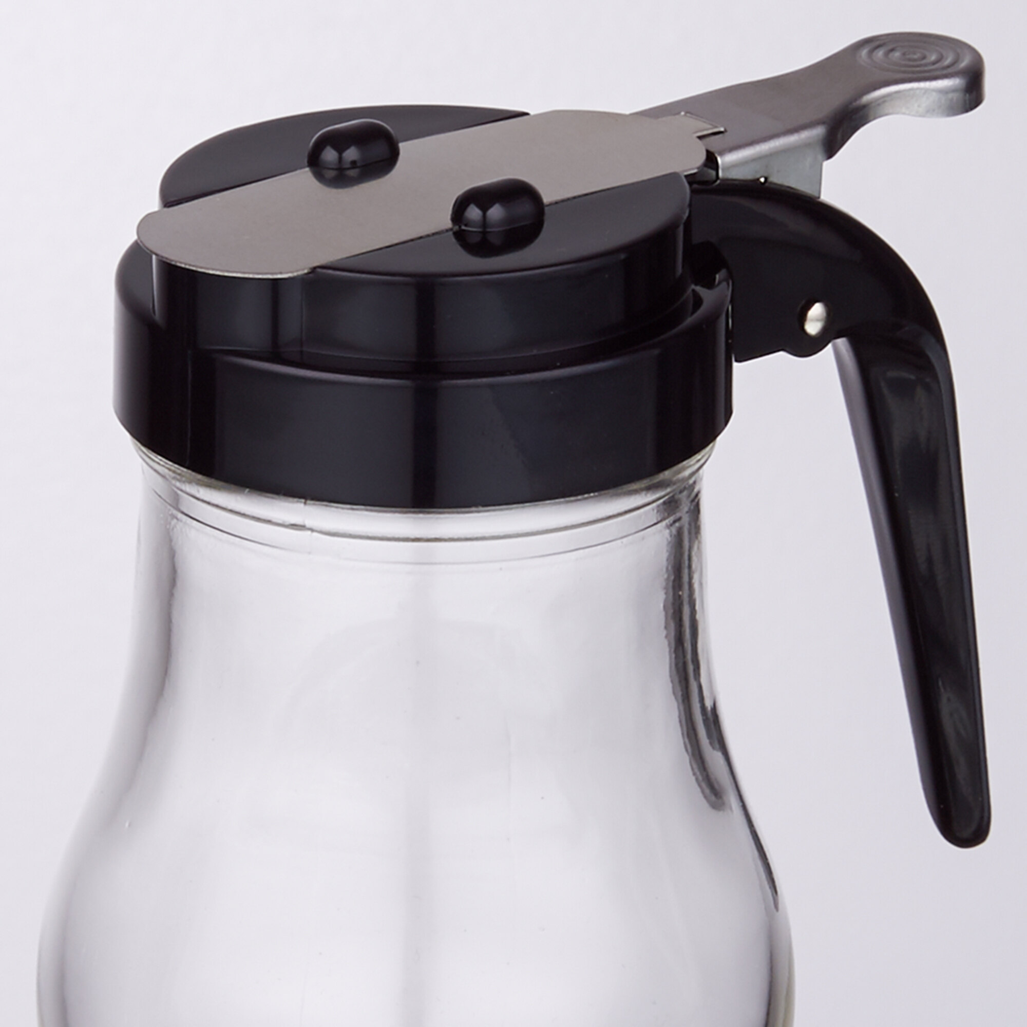 Tablecraft 406BK 6 oz. Glass Teardrop Syrup Dispenser with Black ABS