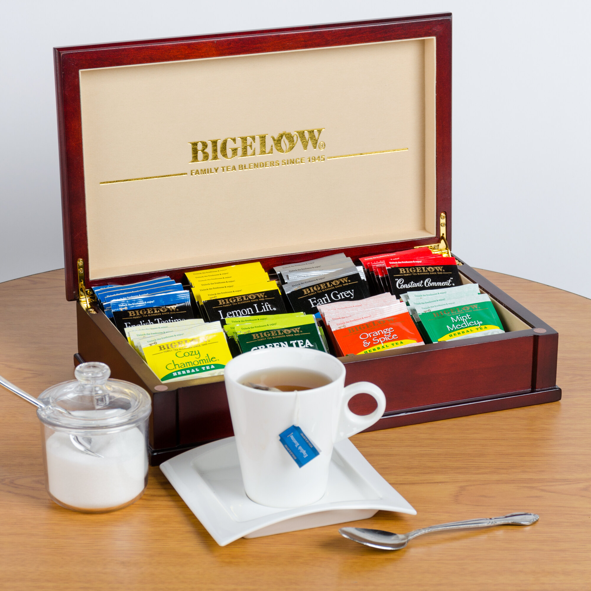 Bigelow Tea 8 Compartment Mahogany Wooden Tea Chest with Assorted Tea Bags