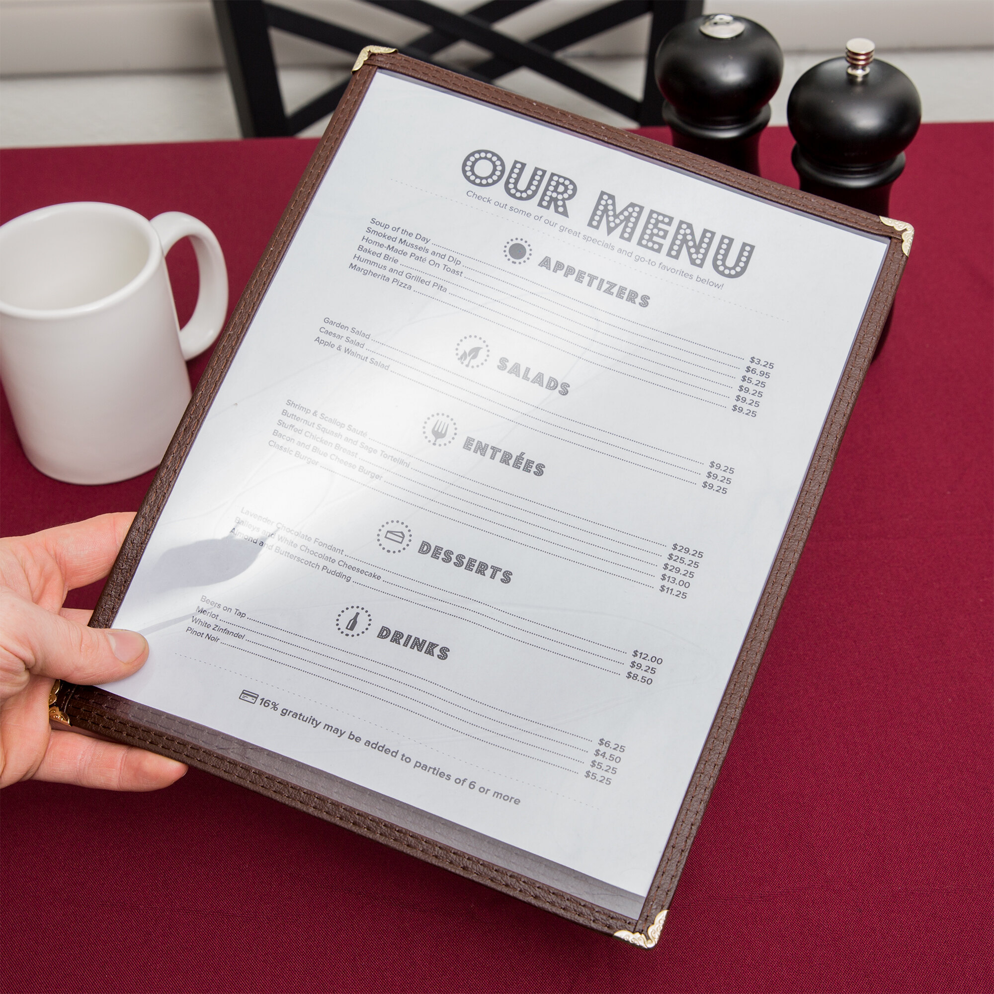 8 1/2" x 11" Single Pocket Menu Cover Brown