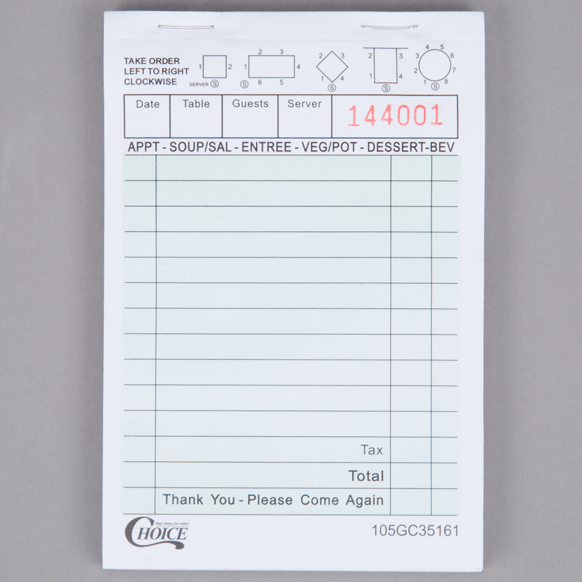 Choice 1 Part Green and White Guest Check 10/Pack