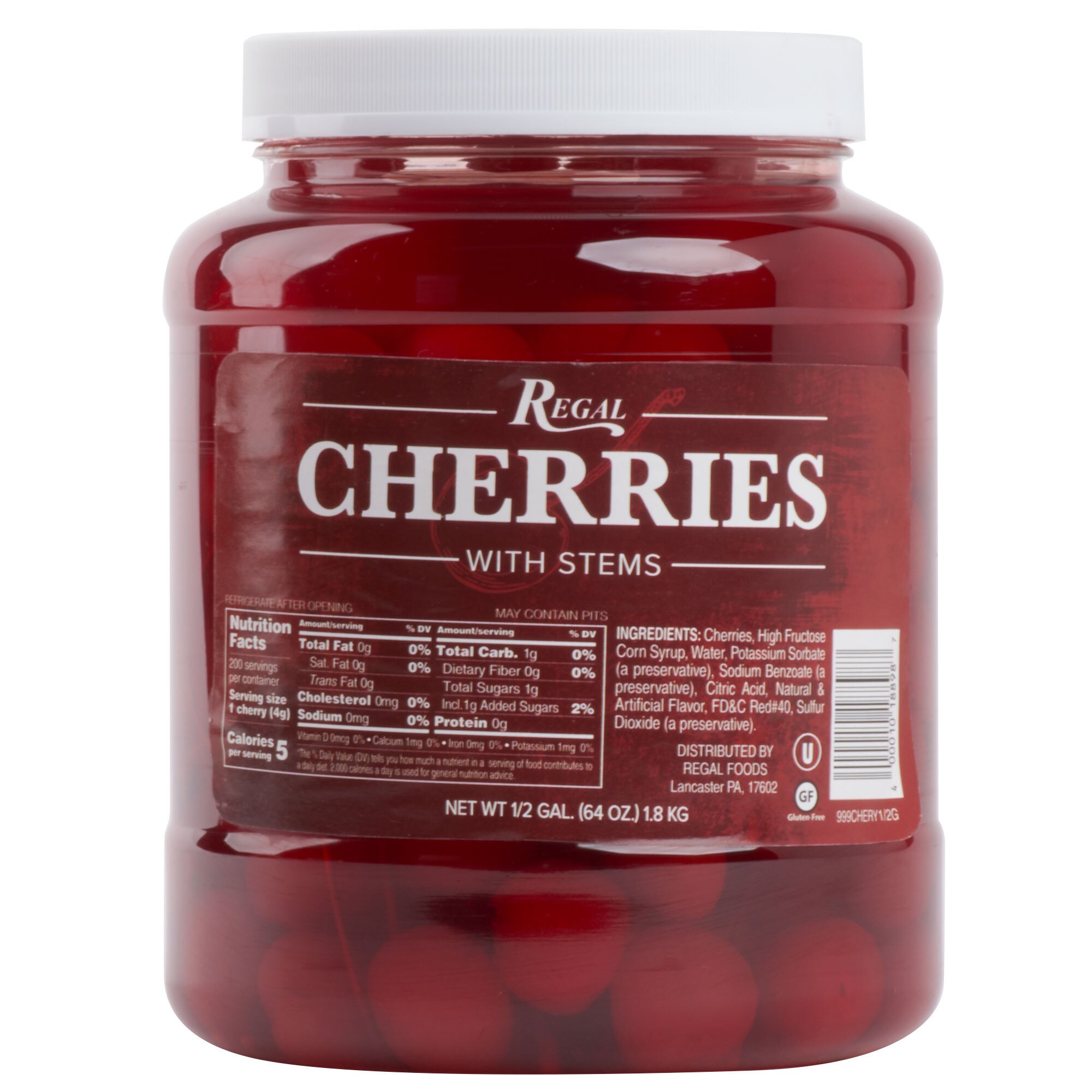 Regal Maraschino Cherries With Stems 1/2 Gallon Jar - 6/Case