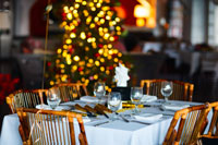 Holiday decorations on a table in a restaurant