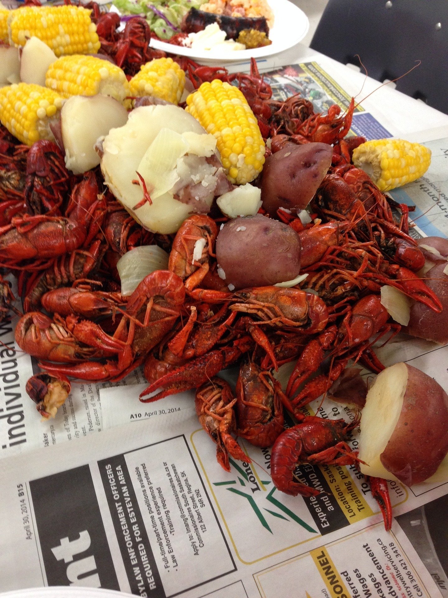 Cooked crawfish with ice and fishing net on a wooden tray. Stock