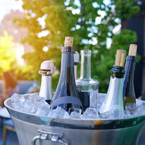 Wine bottles in wine cooler with tree and sunray in background