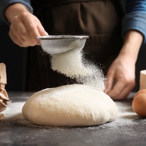 baker sprinkling dough conditioner on dough
