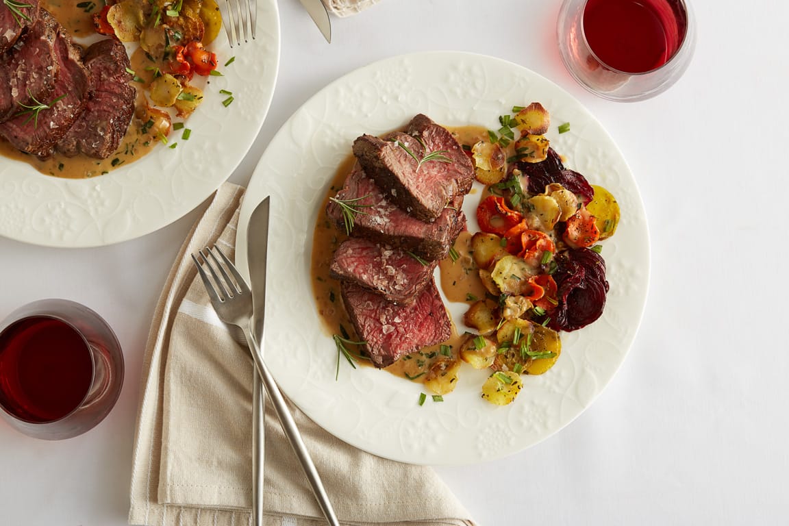 Filet Mignon with Root Vegetable Chips and Marsala Miso Mustard Sauce