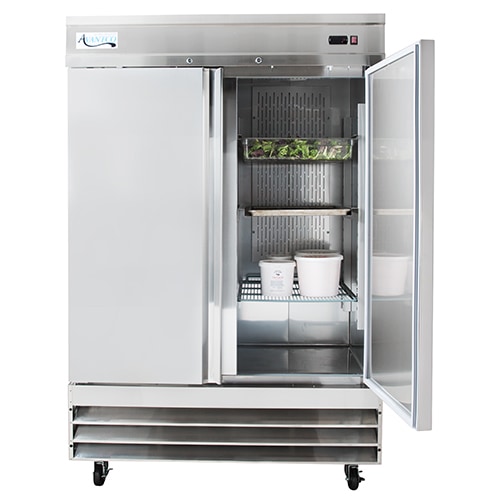 Stainless steel reach in refrigerator with doors open