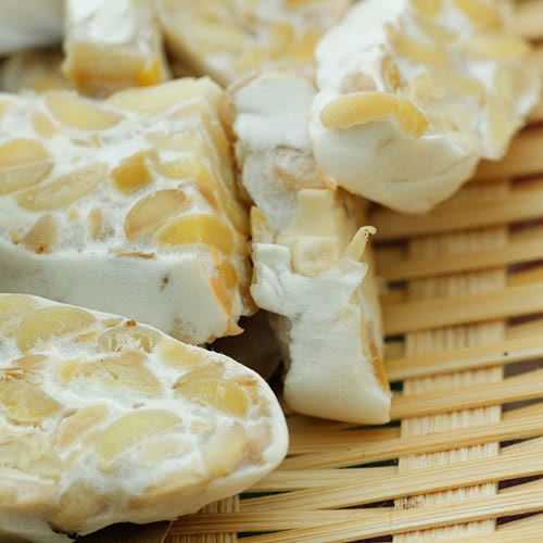 Close up showing texture of tempeh