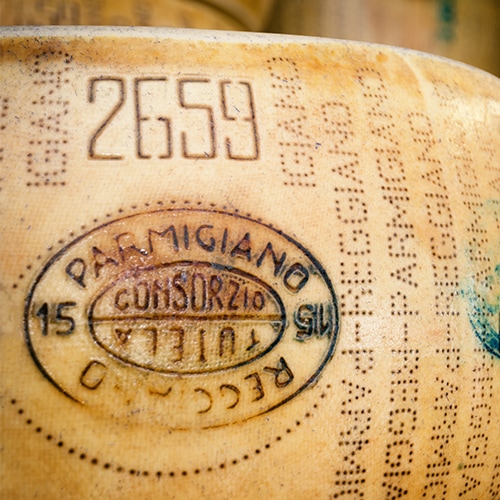 Parmigiano-Reggiano cheese with DOP indication on rind