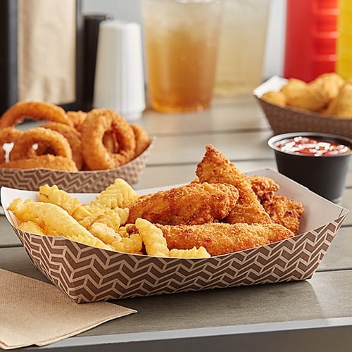 trays of onion rings, friends, and chicken tenders