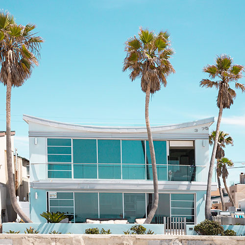 House with large windows and palm trees