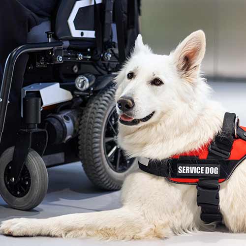 service dog assisting disabled person in wheelchair