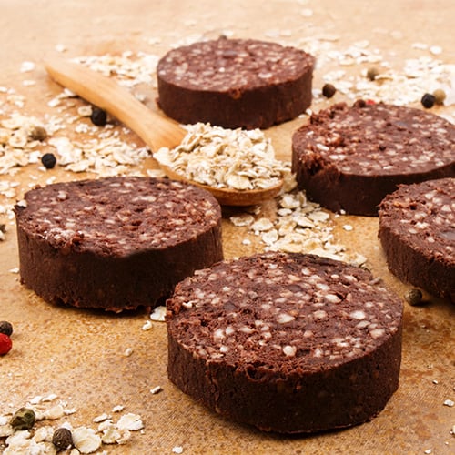 Homemade black pudding with oatmeal and spices