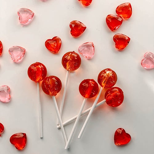 Isomalt candy hearts and lollipops