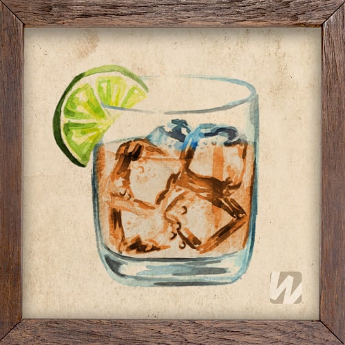 Illustration of Canadian Whiskey in a glass with lime slice