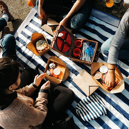 group of friends sitting on a striped blanket having a picnic